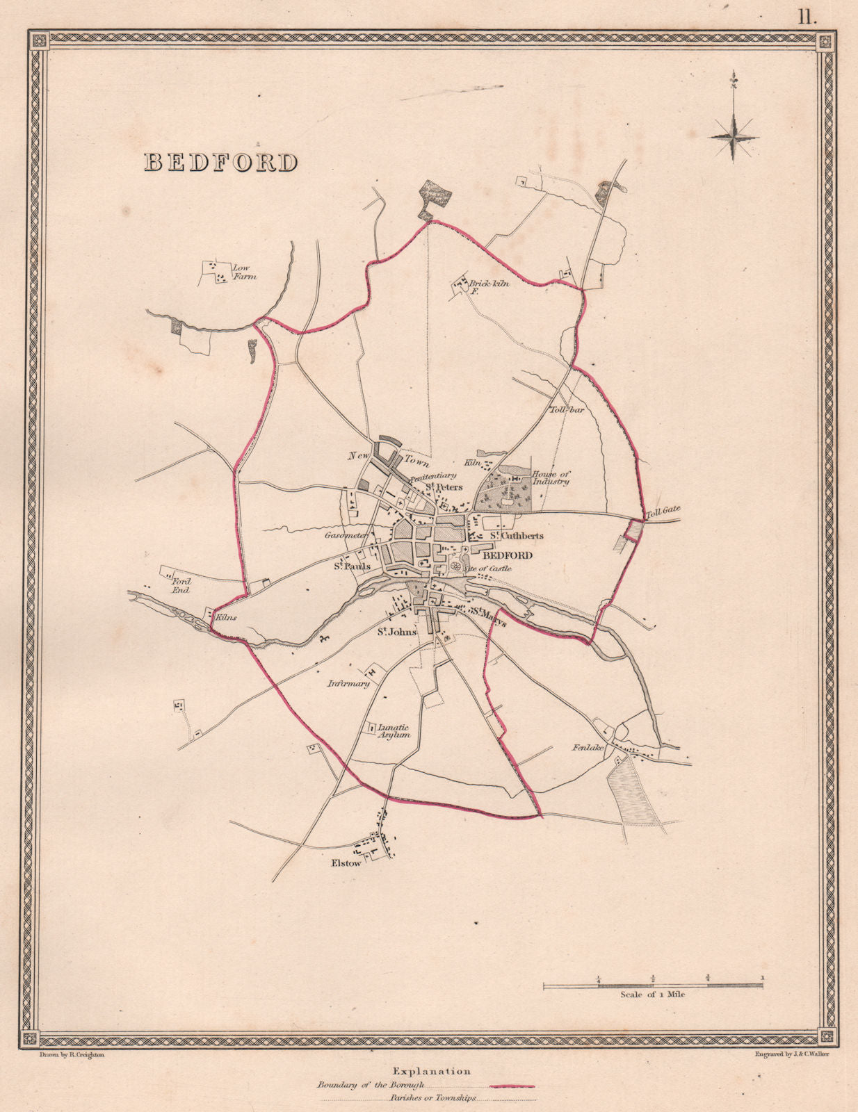 BEDFORD town & borough plan. Bedfordshire. CREIGHTON/WALKER 1835 old map